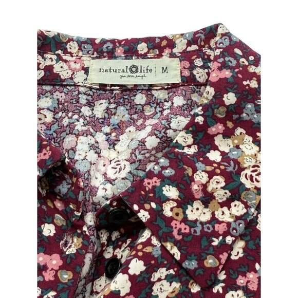 Natural Life Twiggy Mini Shirt Dress Burgundy Floral 3/4 Sleeve Boho EUC Size M - Picture 7 of 9